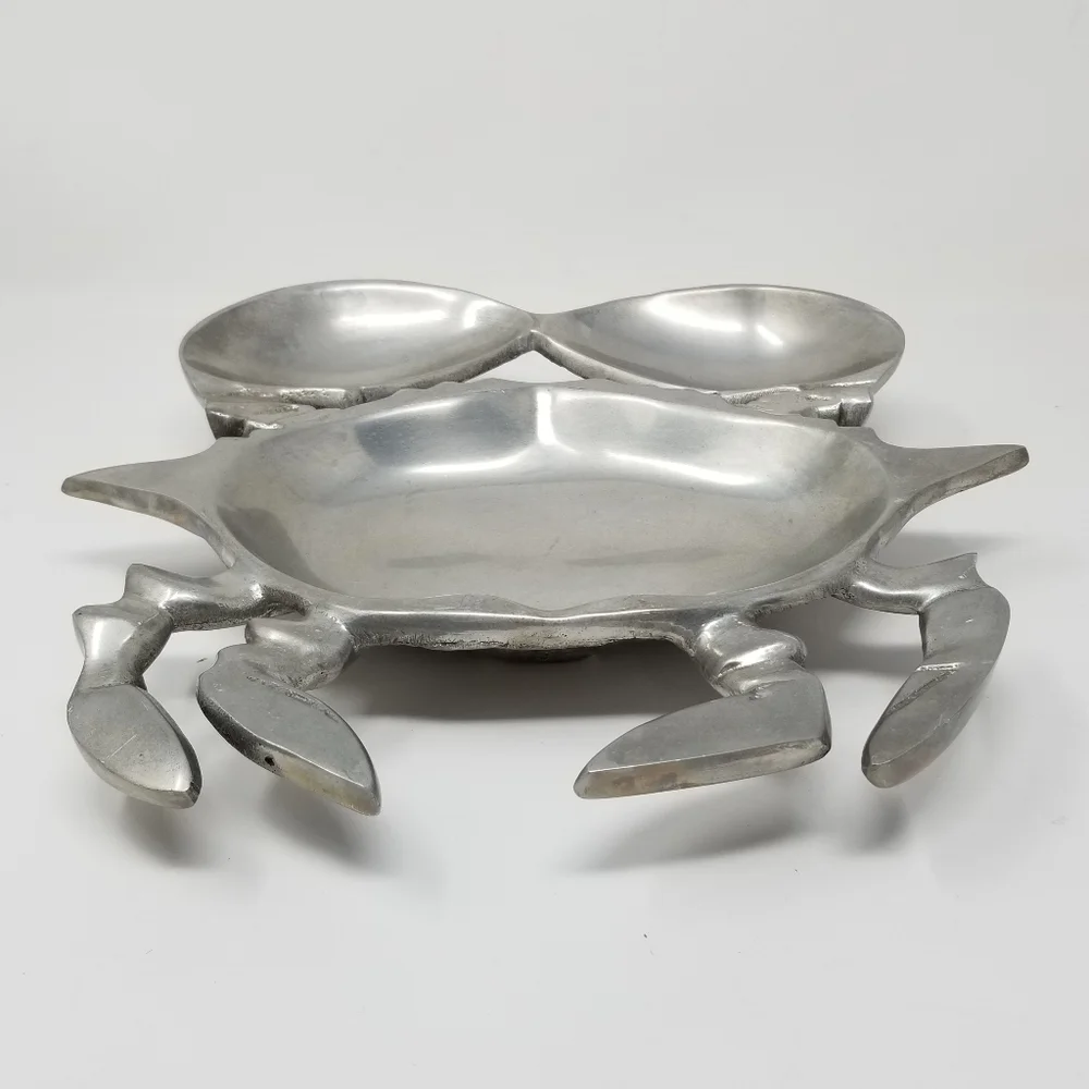 Crab Shape Serving Dish Chip and Dip Set Divided Seafood Party Plate Silver Tray
